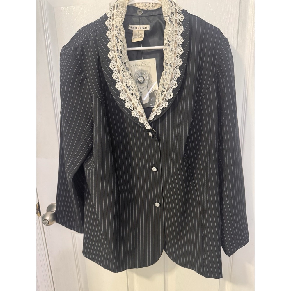 Vtg Shell Kepler Women's 1X Black Pinstripe Blazer Lace Trim Floral Buttons NWT